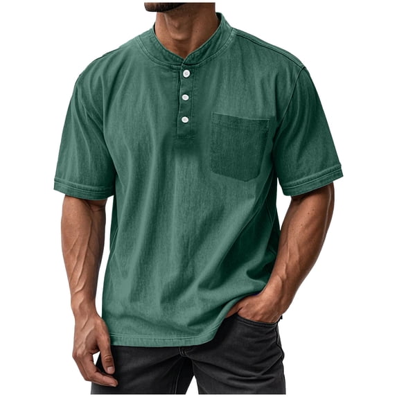 VSSSJ Mens Shirts Vintage Summer Casual Cotton Henley Short Sleeve T-Shirts Button Loose Washed Retro Pullover Tee Tops with Pocket Green XXXL