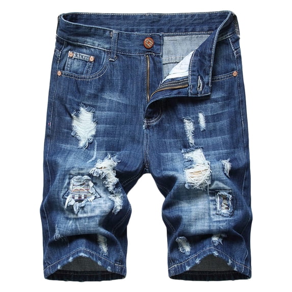 VSSSJ Mens Short Jeans Summer Plus Size Micro Elastic Waist Zipper Button Ripped Denim Shorts Casual Breathable Half Straight Sport Shorts Blue XXL