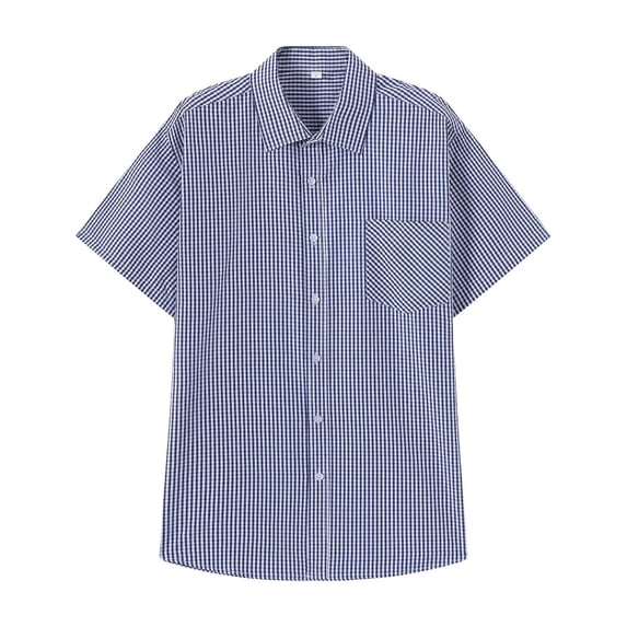 VSSSJ Mens Short Sleeve Button Down Plaid Shirt Summer Casual Regular Fit Collared Shirts Office Business Work Dress Shirt Tops Navy S