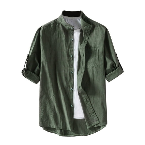 VSSSJ Mens Short Sleeve Cotton Linen Shirt Summer Casual Roll Sleeve Button Down Shirts Relaxed Fit Solid Color Beach Tops with Pocket Green XXXL