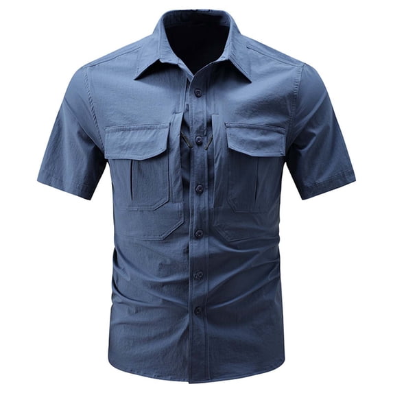 VSSSJ Mens Short Sleeve Fishing Shirts Quick Dry Button Down Shirt Lightweight Casual Outdoor Work Hiking Shirt with Zipper Pockets Dark Blue XL