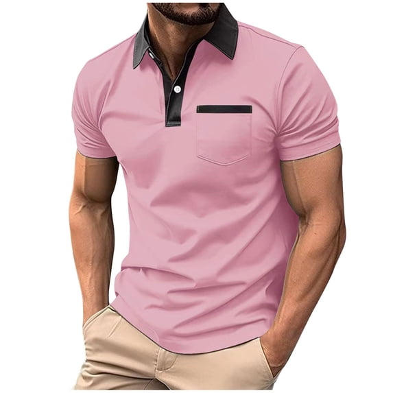 VSSSJ Mens Short Sleeve Shirts Button Up Classic Lapel Collar Golf Shirt Slim Fit Basic Fashion Moisture Wicking T-Shirt with Pocket Pink XXXL