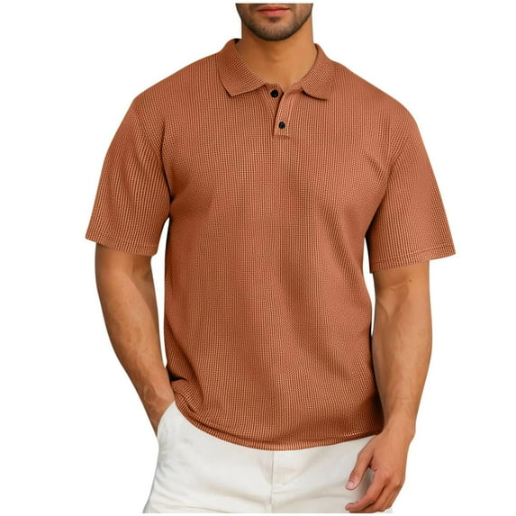 VSSSJ Mens Short Sleeve Shirts Casual Button Up Turndown Collar Knitted Textured Relaxed Fit Solid Color Leisure Golf Shirt Orange M