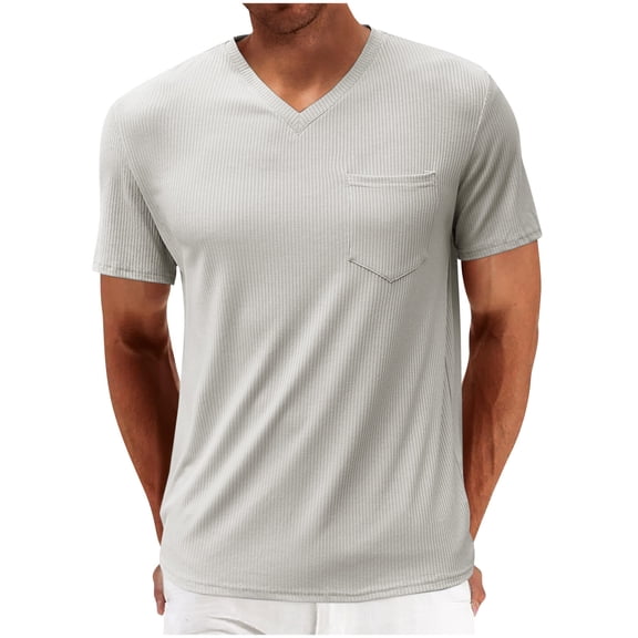VSSSJ Mens Short Sleeve T-Shirts V Neck Ribbed Stretch Casual Tee Lightweight Cozy Solid Knit Basic Summer Tops with Pocket Gray XL