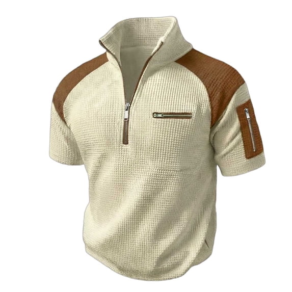 VSSSJ Mens Short Sleeve Tops Casual Stand Collar Quarter Zip Sweatshirt Lightweight Summer Vintage Waffle Pullover with Zipper Pockets Khaki XXXL