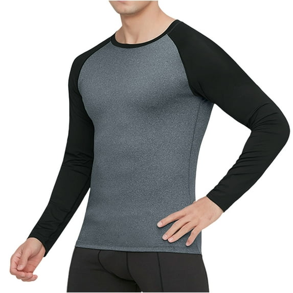 VSSSJ Mens Sport Compression Shirt Fitness Color Block Long Sleeve Raglan Shirt Comfortable Stretchy Breathable Workout Athletic Tops Gray XXL