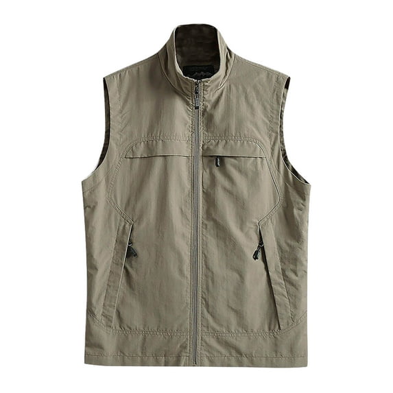 VSSSJ Mens Sport Vest Relaxed Fit Sleeveless Solid Color Zip Up Stand Collar Vest Casual Thin Quick Dry Outdoor Mountaineering Work Jackets Khaki XXL