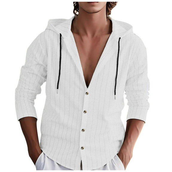 VSSSJ Mens Summer Cotton Linen Hoodie Button Down Casual Long Sleeve Striped Comfortable Breathable Relaxed Fit Hooded Shirt Top White S