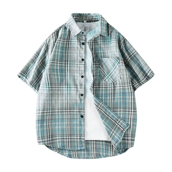 VSSSJ Mens Summer Plaid Linen Shirt Short Sleeve Button Down Shirts Classic Trendy Collared Pocket Casual Checkered Button Up Shirts Blue XXL