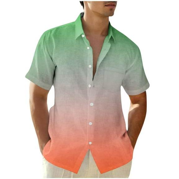 VSSSJ Mens Summer Shirts Short Sleeve Casual Fashion Gradient Print Shirts Button Down Loose Cozy Hawaiian Beach Shirts Orange M