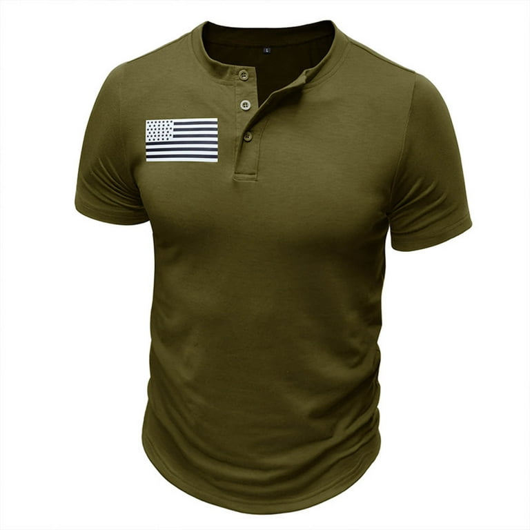 VSSSJ Mens T-Shirts Loose Fit New Fashion Star Striped Flag Graphic Solid  Color Short Sleeve Henley Button Shirts Summer Patriotic Workout Tshirts
