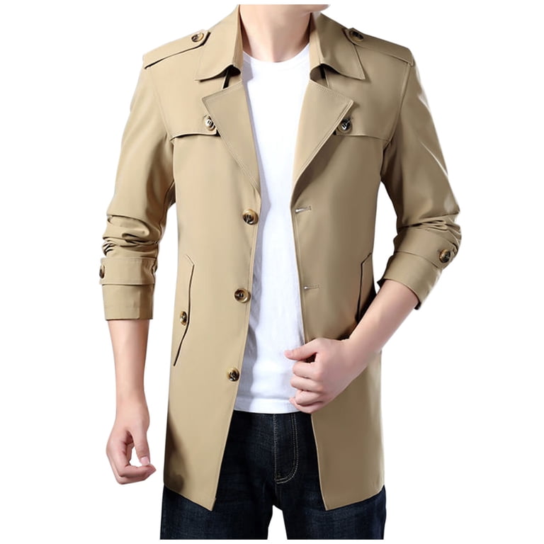 VSSSJ Mens Trench Coat Single Breasted Slim Fit Notch Lapel Mid