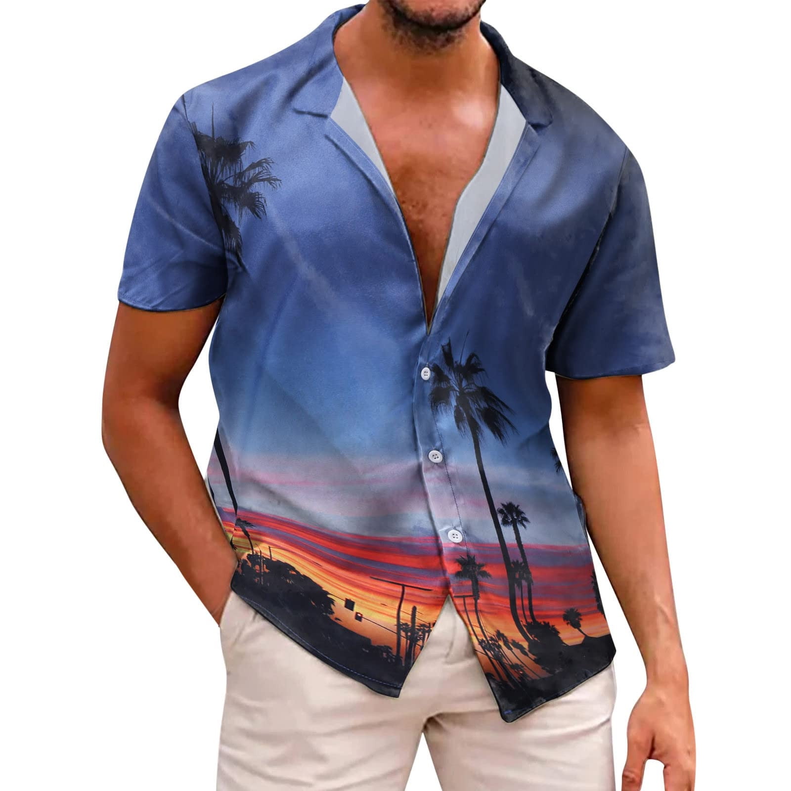 VSSSJ Mens Tropical Palm Tree Printing Tees Loose Fit Button Down Short  Sleeve Collared Tops Casual Summer Beach Hawaiian T-Shirt Dark Blue M 