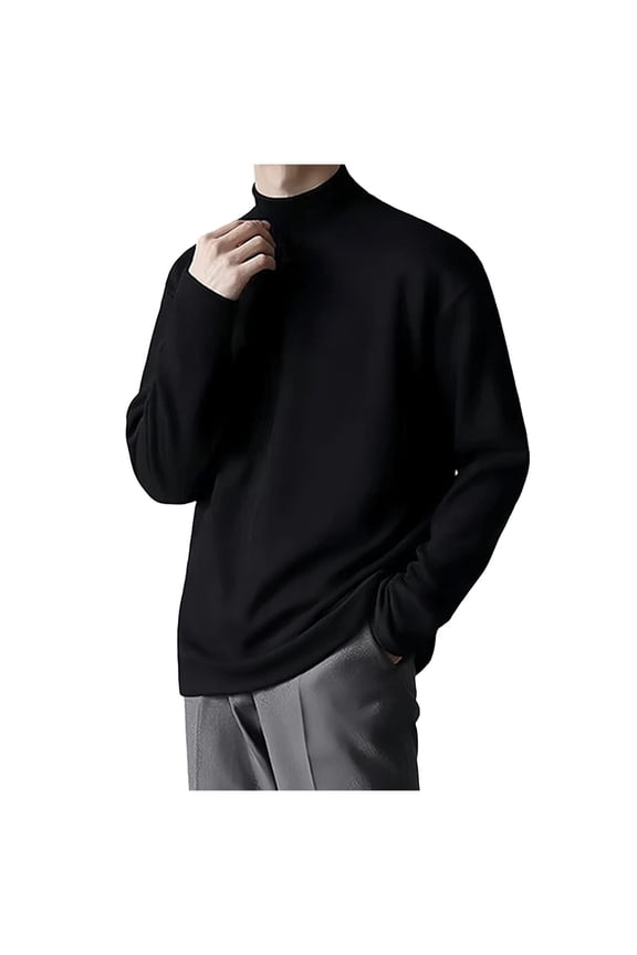 Mens Turtleneck Long Sleeve Tops Mock Neck Fleece Undershirt Solid Vintage Simple Basic Thermal Lightweight Pullover Sweaters Tops Black L