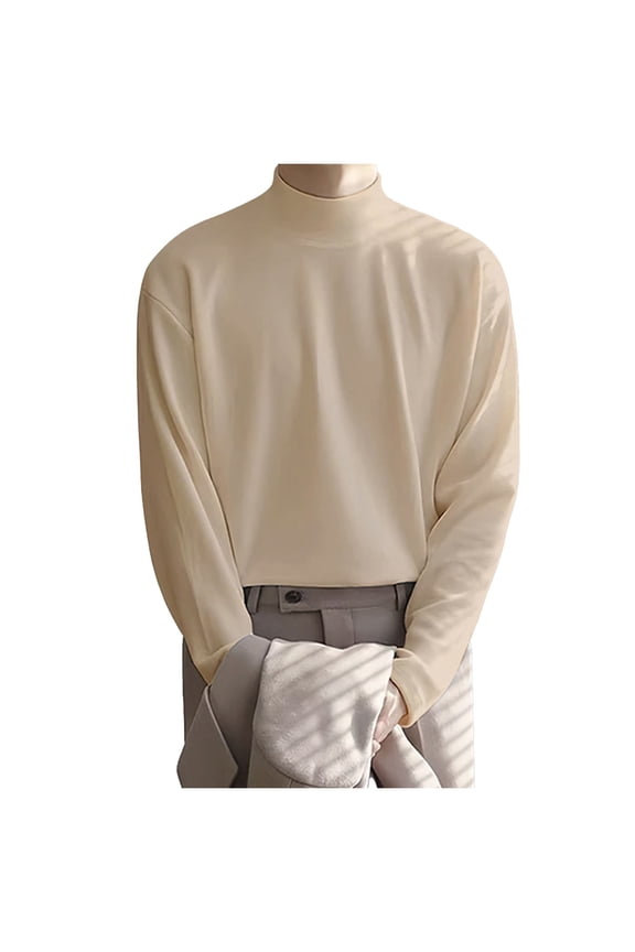 Mens Turtleneck Long Sleeve Tops Mock Neck Fleece Undershirt Solid Vintage Simple Basic Thermal Lightweight Pullover Sweaters Tops Khaki L