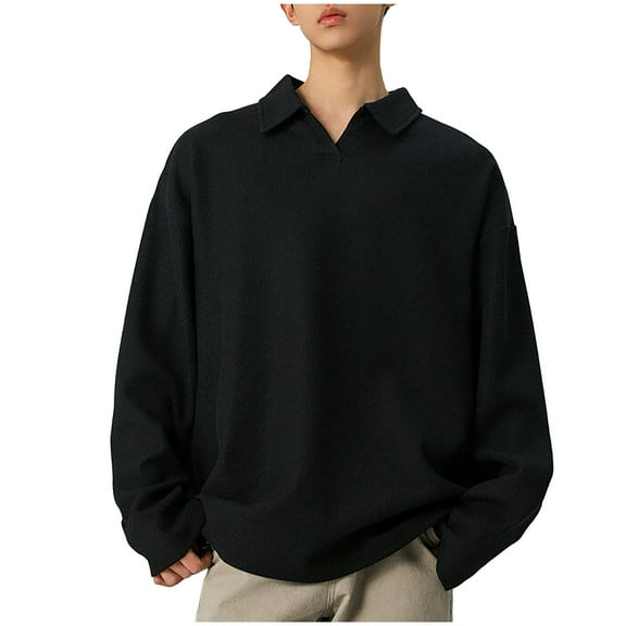 VSSSJ Mens V Neck Sweatshirt Long-Sleeve Lapel Waffle Lightweight Sweatshirt Loose Fit Casual Workout Pullover Shirt Tops Black L