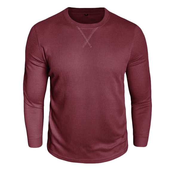 VSSSJ Mens Waffle Crewneck Shirts Relaxed Fit Long Sleeve Casual T-Shirt Lightweight Solid Color Base Layer Pullover Tees Tops Wine L