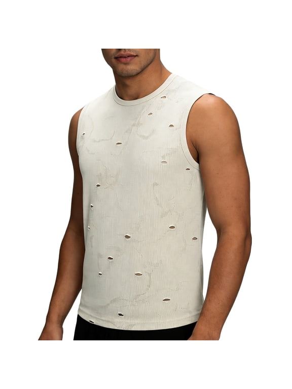 Mens Workout Tank Tops Ripped Distressed Sleeveless Breathable Gym Shirts Loose Crewneck Quick Dry Athletic Running Tee Shirt Beige S