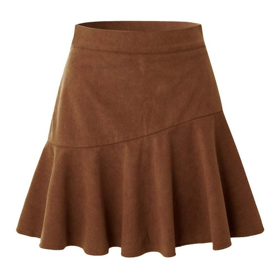 VSSSJ Mini Skirts for Women Zipper High Waisted Swing Above Knee A-Line Skirts Classic Versatile Solid Color Ruched Ruffle Flared Skirts Brown L