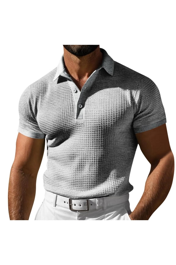 Muscle Shirts for Men Slim Fit Short Sleeve Golf Shirts Waffle Button Lapel Collar Casual Summer Vacation Shirts Gray L