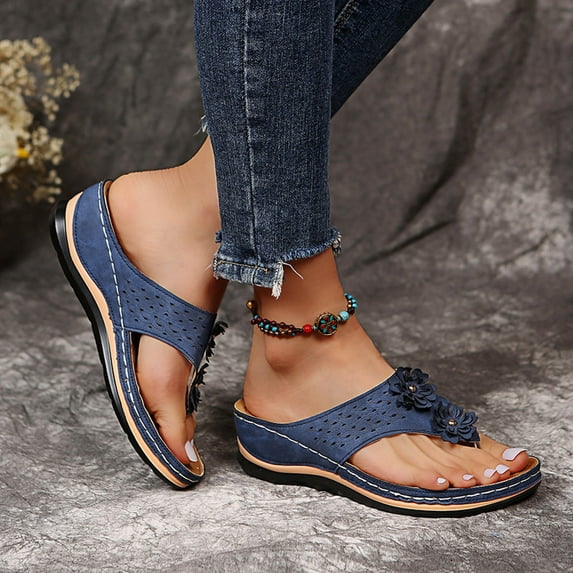 VSSSJ Orthopedic Sandals for Women Arch Support Sandals Orthotic Sandals Flip Flops Comfy Wedge Walking Slippers Anti-Slip Breathable Sandals Dressy Summer Beach Travel Blue 39