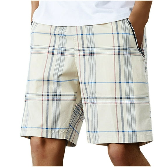 VSSSJ Plaid Shorts for Men Loose Fit Comfort Elastic Waist Beach Shorts Summer Casual Fashion Sports Checked Shorts with Zipper Pockets Khaki XXXXXXL