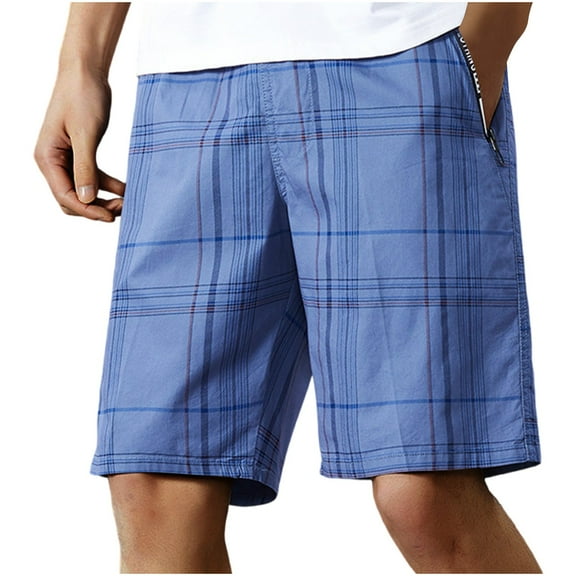 VSSSJ Plaid Shorts for Men Loose Fit Comfort Elastic Waist Beach Shorts Summer Casual Fashion Sports Checked Shorts with Zipper Pockets Light Blue L