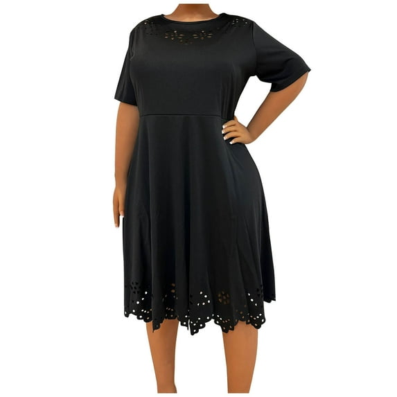 VSSSJ Plus Size Dresses for Women Solid Color Crew Neck Hollow Out Elegant Tunic Dress Summer Short Sleeve Casual Swing Party Midi Dress