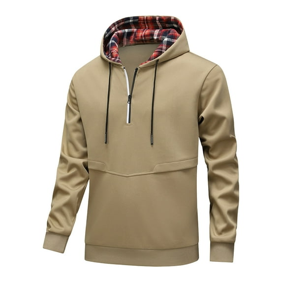 VSSSJ Quarter Zip Hoodie for Men Casual Stylish Zipper Drawstring Long Sleeve Comfortable Fall Pullover Hooded Sweatshirt Jacket Tops Khaki L