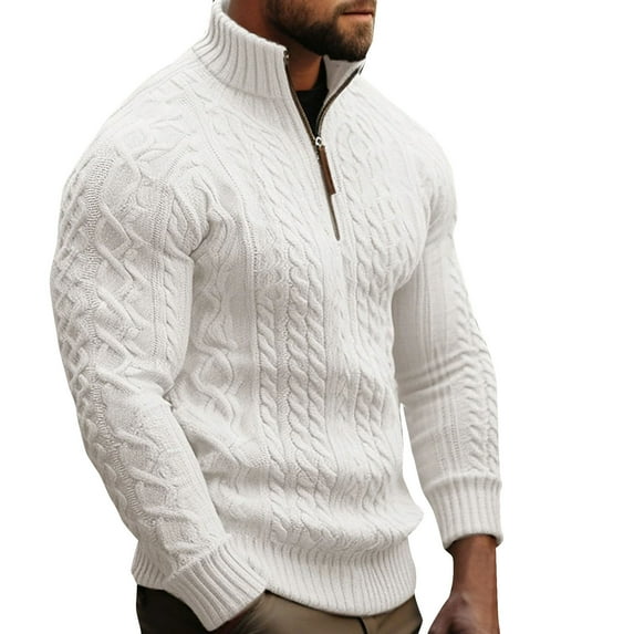 VSSSJ Quarter Zip Sweater for Men Slim Fit Casual Cable Knitted Stand Collar Long Sleeve Pullover Vintage Warm Mock Neck Winter Sweater Tops White XXL