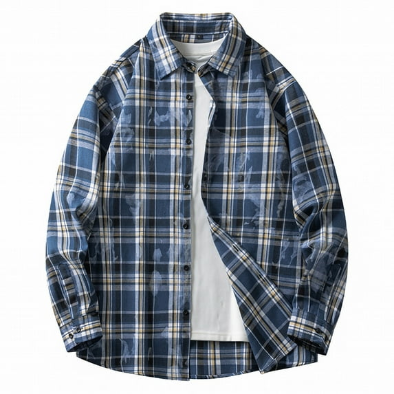 VSSSJ Shirt for Men Casual Loose Fit Plaid Long Sleeve Shirts Vintage Comfy Lapel Button Down Checkered Print Shirt Blue M