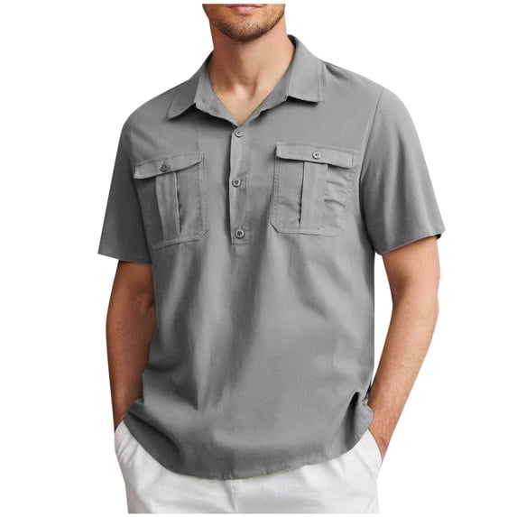 VSSSJ Shirt for Men Short Sleeve Button Up Collared Loose Fit T-Shirt Summer Beach Casual Hawaiian Shirts Tops with Two Pockets Gray XXL