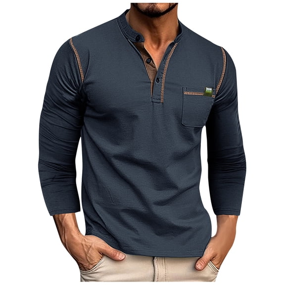 VSSSJ Shirts for Men Slim Fit Solid Color Patchwork Long Sleeve Button V-Neck Stand Collar Pullover Tops Fashion Casual Lightweight Shirts Dark Blue M