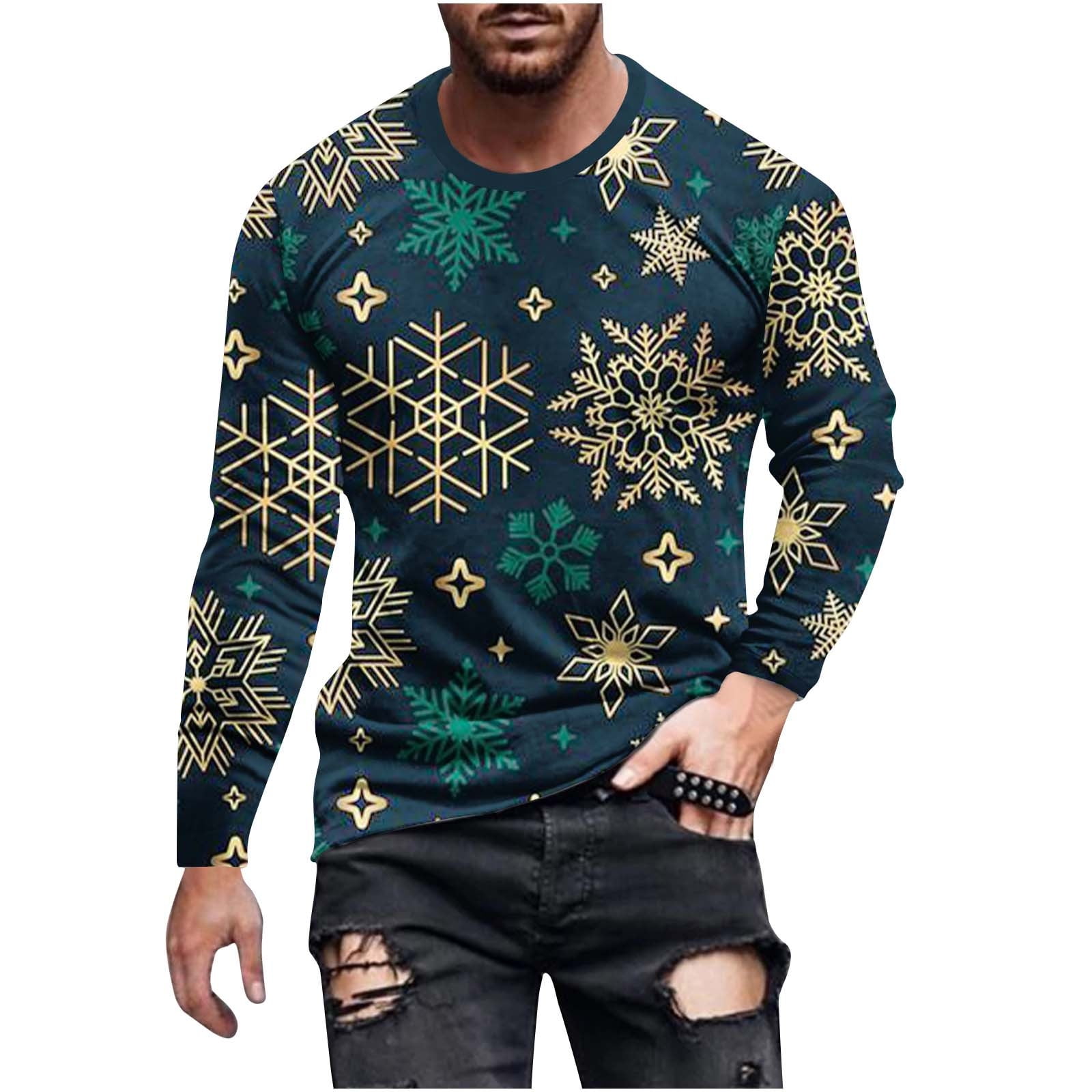 VSSSJ Shirts for Men Big and Tall Christmas Print Round Neck Long ...