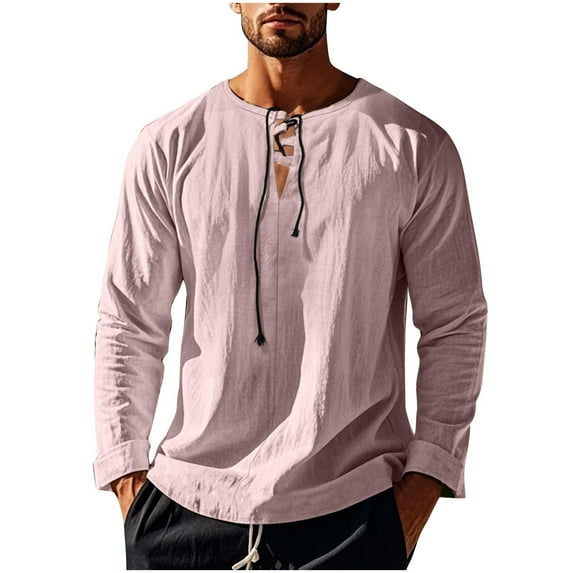 VSSSJ Shirts for Men Casual Lace Up V Neck Long Sleeve Hippie Shirt Tops Relaxed Fit Vacation Beach Hawaiian Shirts Pink XXL