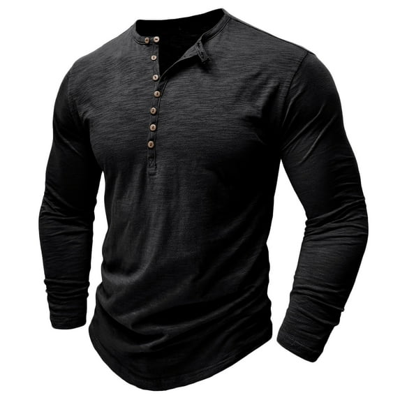 VSSSJ Shirts for Men Fitted Solid Color Button Round Neck Long Sleeve Pullover Tees Casual Autumn and Winter Lightweight Sportwear Black XXL