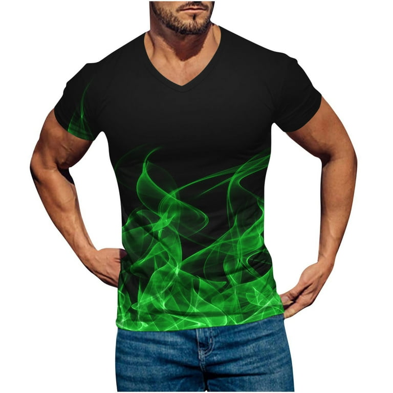 VSSSJ Shirts for Men Regular Fit 3D Flame Pattern Printed Round Neck Short  Sleeve Pullover Shirt Summer Sport Quick Drying Tee Top Green XXXXXL