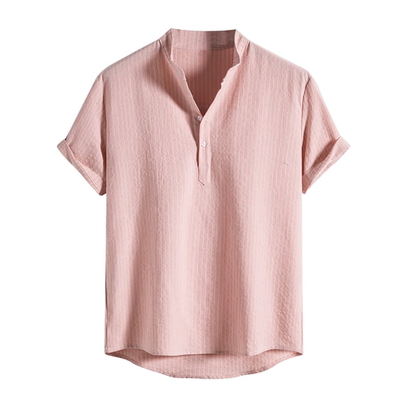 VSSSJ Shirts for Men Regular Fit Striped Short Sleeve Half Button Stand Collar Pullover Tops Casual Comfy Lightweight Homewear with Pocket Pink XS