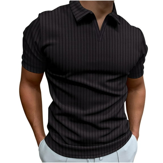 VSSSJ Shirts for Men Relaxed Fit Casual Solid Color Pit Strip V-Neck Short Sleeve Lapel Collar Tee Top Breathable High Stretchy Shirt Blouse Black XL
