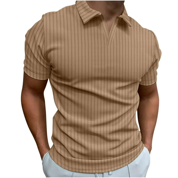 VSSSJ Shirts for Men Relaxed Fit Casual Solid Color Pit Strip V-Neck Short Sleeve Lapel Collar Tee Top Breathable High Stretchy Shirt Blouse Khaki L