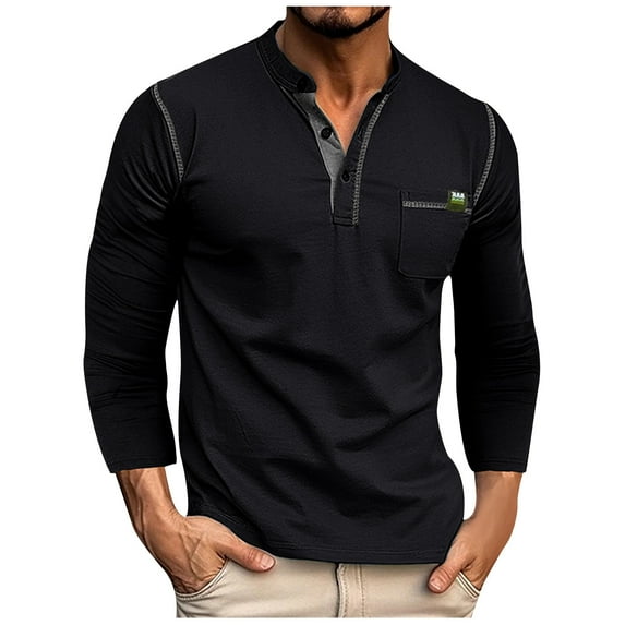 VSSSJ Shirts for Men Slim Fit Solid Color Patchwork Long Sleeve Button V-Neck Stand Collar Pullover Tops Fashion Casual Lightweight Shirts Black M