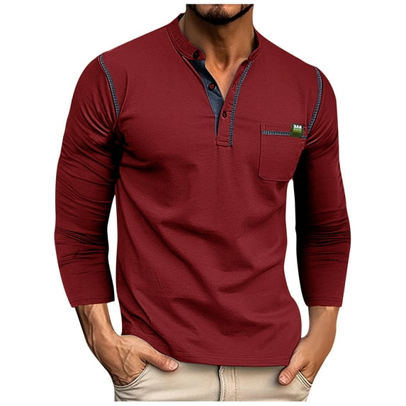 VSSSJ Shirts for Men Slim Fit Solid Color Patchwork Long Sleeve Button V-Neck Stand Collar Pullover Tops Fashion Casual Lightweight Shirts Wine XXL