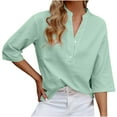 thumbnail image 1 of VSSSJ Shirts for Women Solid Color 3/4 Sleeve Cotton Linen Pullover Tops V Neck Buttons Front Comfy Holiday Office Loose Fit T-Shirt Green M, 1 of 7