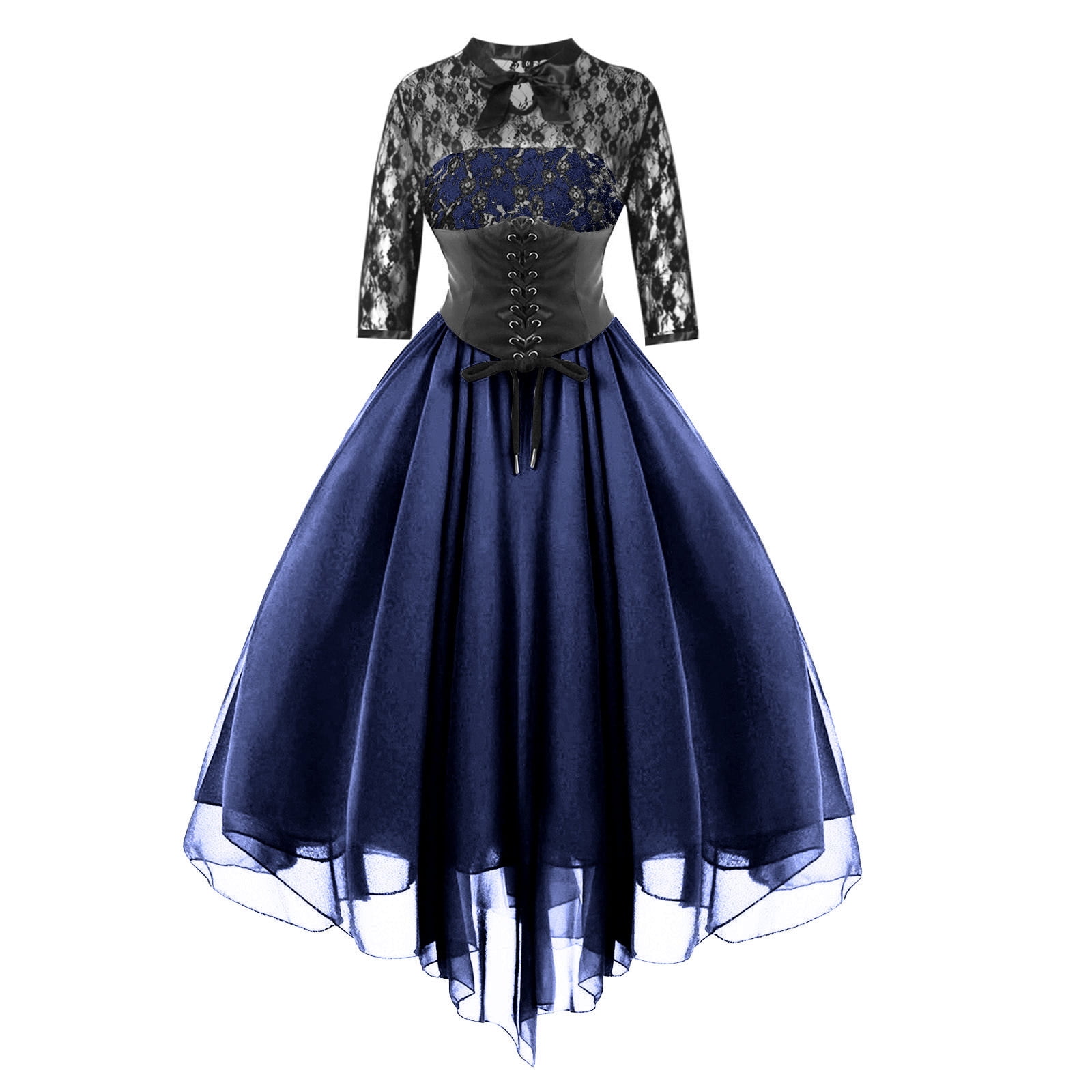 VSSSJ Short Sleeve Gothic Dress for Women Halter Neck Lace Stitching  Vintage Elegant Chiffon Cocktail Party Swing Dress with Corset Navy S -  Walmart.com