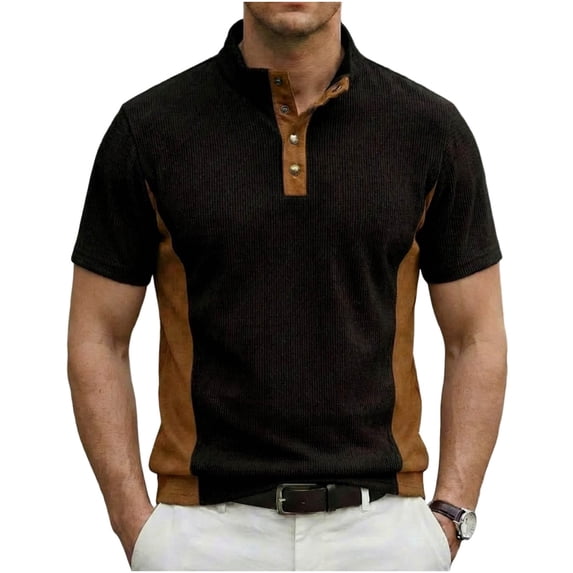 VSSSJ Short Sleeve T Shirt for Men Color Block Corduroy Casual Work Shirts Stand Collar Button Up Stylish Business T-Shirt Tops Black S