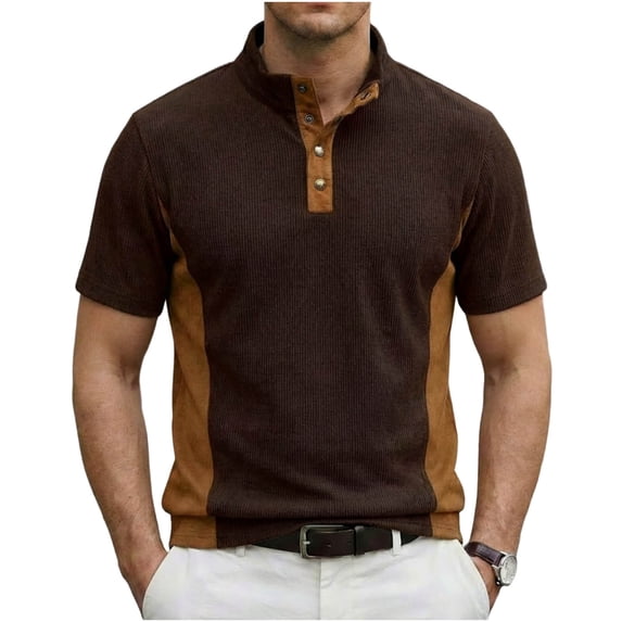 VSSSJ Short Sleeve T Shirt for Men Color Block Corduroy Casual Work Shirts Stand Collar Button Up Stylish Business T-Shirt Tops Coffee XXXL