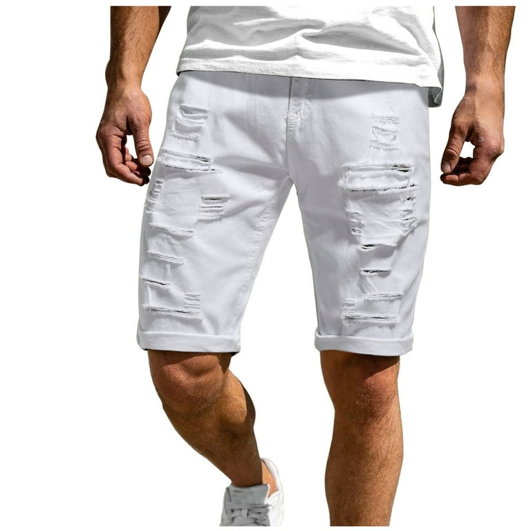 VSSSJ Shorts for Men Oversized Fit Fashion Hole Ripped Solid Color Zipper Buttons Elastic Waist Knee Length Short Pants Comfy Bodybuilding Walking Shorts White XL Walmart