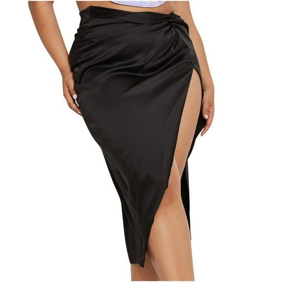 VSSSJ Silk Skirts for Women Twist Front High Waist Sexy Side Split Satin Skirts Party Cocktail Casual Swing Solid Color Elegant A-Line Skirts Black S