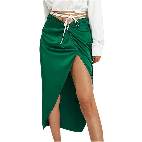 VSSSJ Silk Skirts for Women Twist Front High Waist Sexy Side Split Satin Skirts Party Cocktail Casual Swing Solid Color Elegant A-Line Skirts Green L