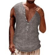 VSSSJ Sport Tank Tops for Men Relaxed Fit Solid Color Round Neck Sleeveless Button Casual Shirts Summer Breathable Gym Workout Tee Shirt Silver M